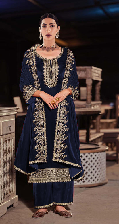 Lorenvalley Fashion Women Blue Velvet Embroidered Salwar Suit Material