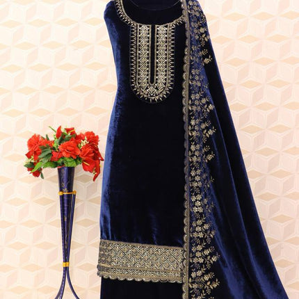 Lorenvalley Fashion Women Blue Velvet Embroidered Salwar Suit Material