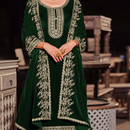 Lorenvalley Fashion Women Green Velvet Embroidered Salwar Suit Material