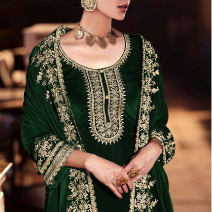 Lorenvalley Fashion Women Green Velvet Embroidered Salwar Suit Material