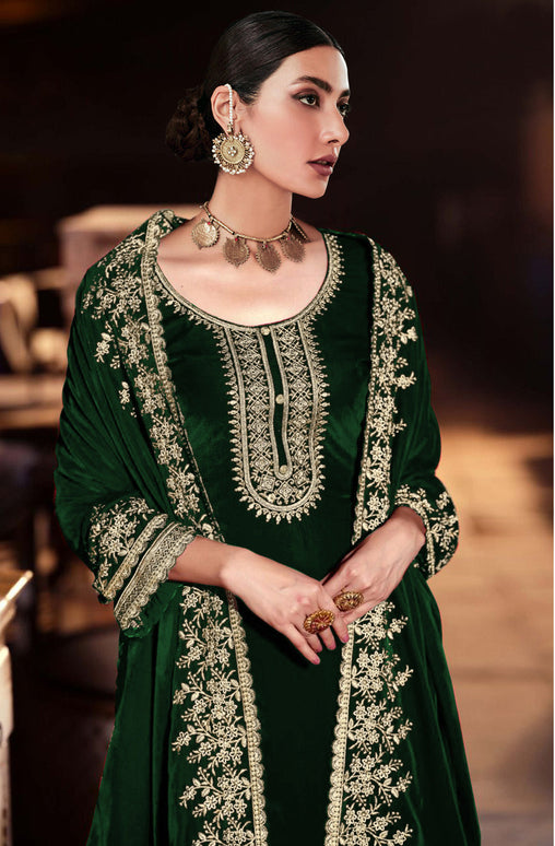 Lorenvalley Fashion Women Green Velvet Embroidered Salwar Suit Material