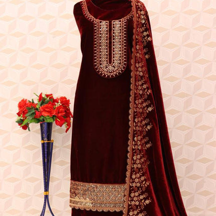 Lorenvalley Fashion Women Maroon Velvet Embroidered Salwar Suit Material
