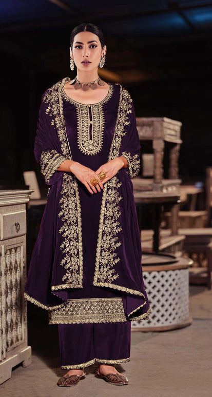 Lorenvalley Fashion Women Purple Velvet Embroidered Salwar Suit Material