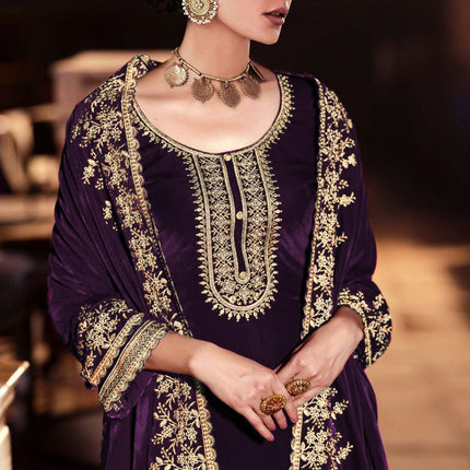 Lorenvalley Fashion Women Purple Velvet Embroidered Salwar Suit Material