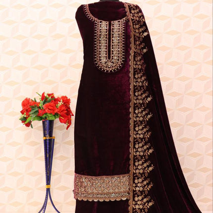 Lorenvalley Fashion Women Purple Velvet Embroidered Salwar Suit Material