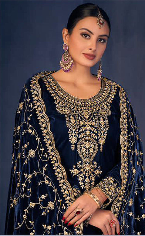 Lorenvalley Fashion Women Blue Velvet Embroidered Salwar Suit Material