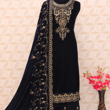 Lorenvalley Fashion Women Blue Velvet Embroidered Salwar Suit Material