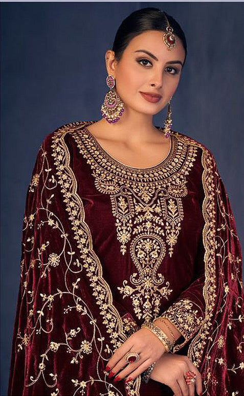 Lorenvalley Fashion Women Maroon Velvet Embroidered Salwar Suit Material