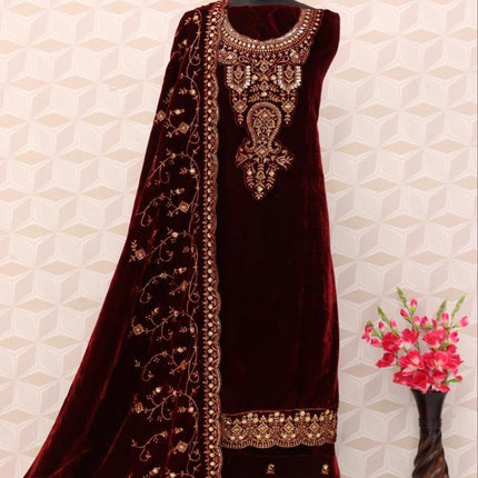 Lorenvalley Fashion Women Maroon Velvet Embroidered Salwar Suit Material