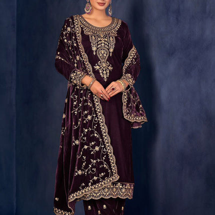 Lorenvalley Fashion Women Purple Velvet Embroidered Salwar Suit Material