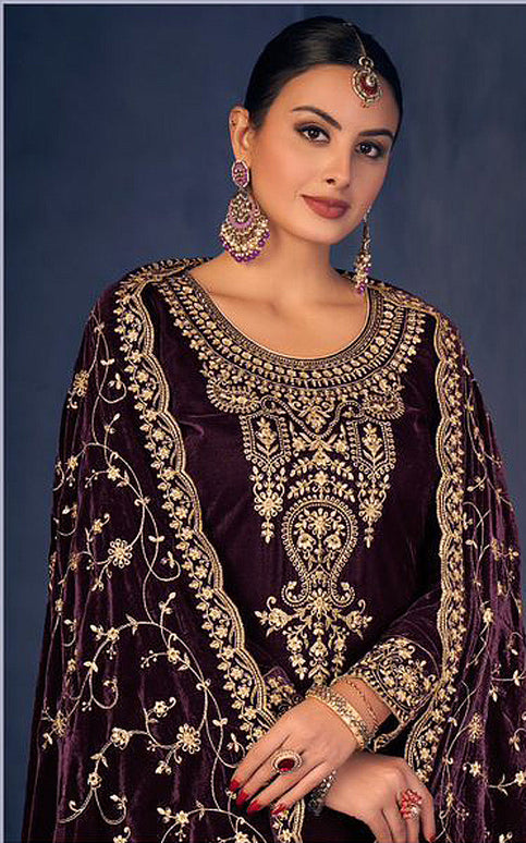 Lorenvalley Fashion Women Purple Velvet Embroidered Salwar Suit Material