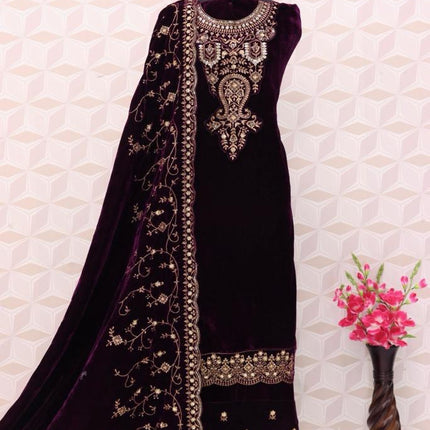 Lorenvalley Fashion Women Purple Velvet Embroidered Salwar Suit Material