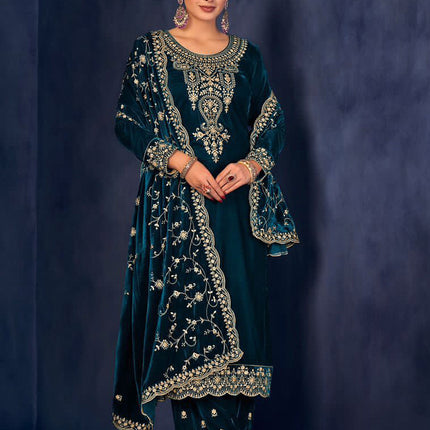 Lorenvalley Fashion Women Rama Velvet Embroidered Salwar Suit Material