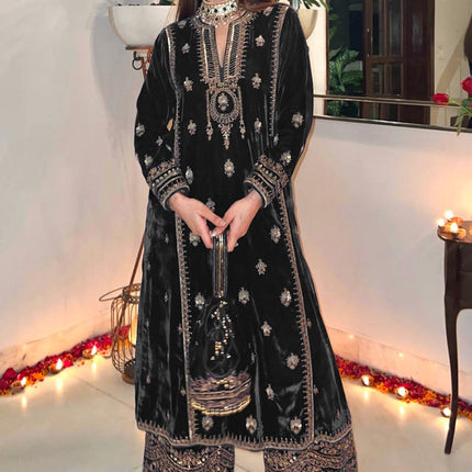 Lorenvalley Fashion Women Black Velvet Embroidered Salwar Suit Material