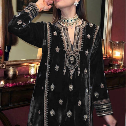 Lorenvalley Fashion Women Black Velvet Embroidered Salwar Suit Material