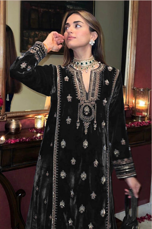 Lorenvalley Fashion Women Black Velvet Embroidered Salwar Suit Material