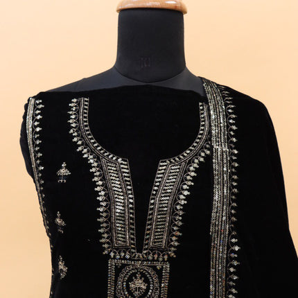 Lorenvalley Fashion Women Black Velvet Embroidered Salwar Suit Material