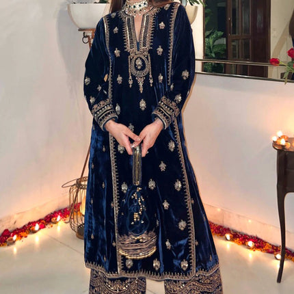 Lorenvalley Fashion Women Blue Velvet Embroidered Salwar Suit Material