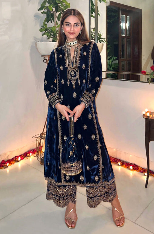 Lorenvalley Fashion Women Blue Velvet Embroidered Salwar Suit Material