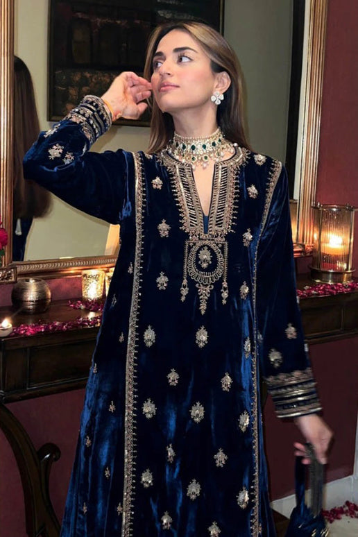 Lorenvalley Fashion Women Blue Velvet Embroidered Salwar Suit Material