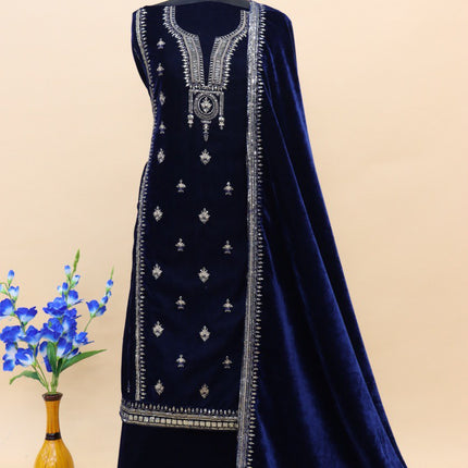 Lorenvalley Fashion Women Blue Velvet Embroidered Salwar Suit Material