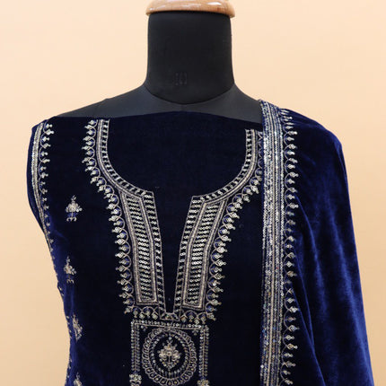 Lorenvalley Fashion Women Blue Velvet Embroidered Salwar Suit Material