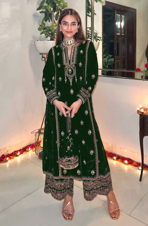 Lorenvalley Fashion Women Green Velvet Embroidered Salwar Suit Material