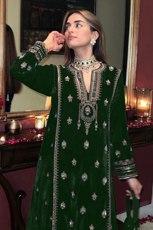 Lorenvalley Fashion Women Green Velvet Embroidered Salwar Suit Material