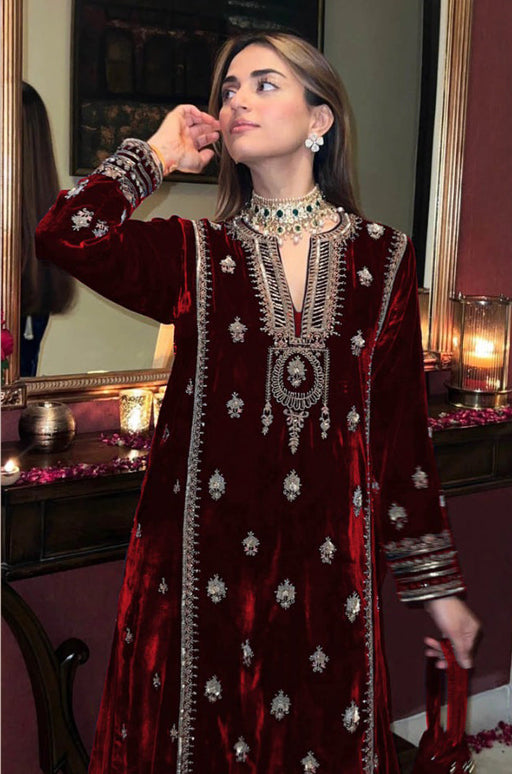 Lorenvalley Fashion Women Maroon Velvet Embroidered Salwar Suit Material