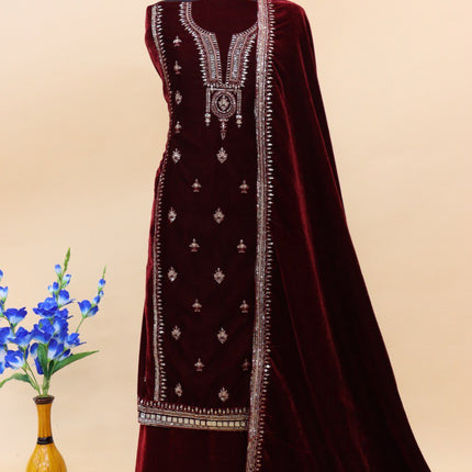 Lorenvalley Fashion Women Maroon Velvet Embroidered Salwar Suit Material