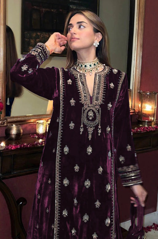 Lorenvalley Fashion Women Purple Velvet Embroidered Salwar Suit Material