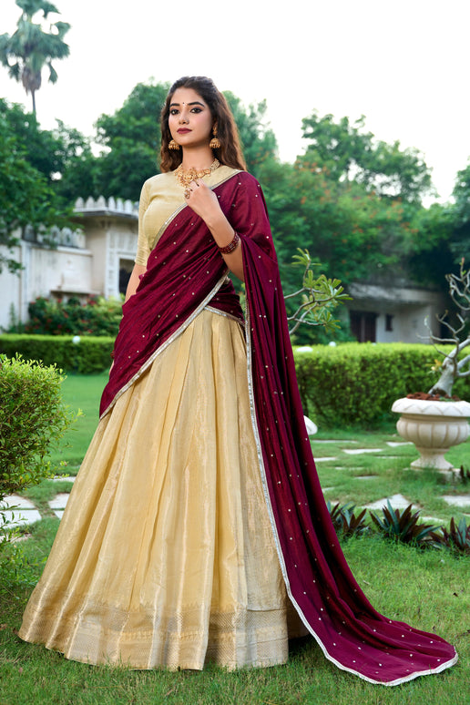 Lorenvalley Cream Kanchipuram Zari Weaving Work Lehenga Choli with Dupatta
