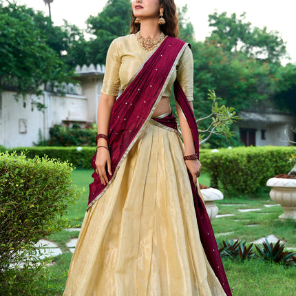 Lorenvalley Cream Kanchipuram Zari Weaving Work Lehenga Choli with Dupatta