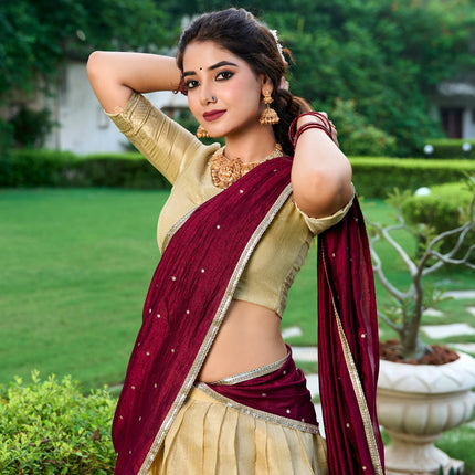 Lorenvalley Cream Kanchipuram Zari Weaving Work Lehenga Choli with Dupatta