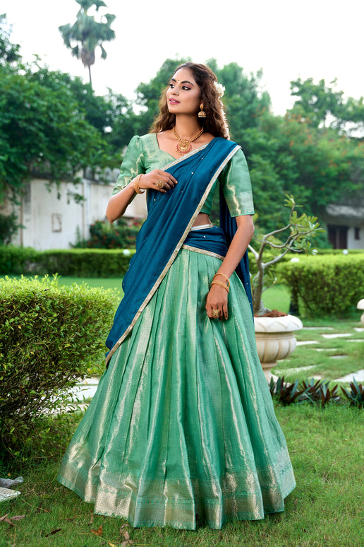 Lorenvalley Pista Kanchipuram Zari Weaving Work Lehenga Choli with Dupatta