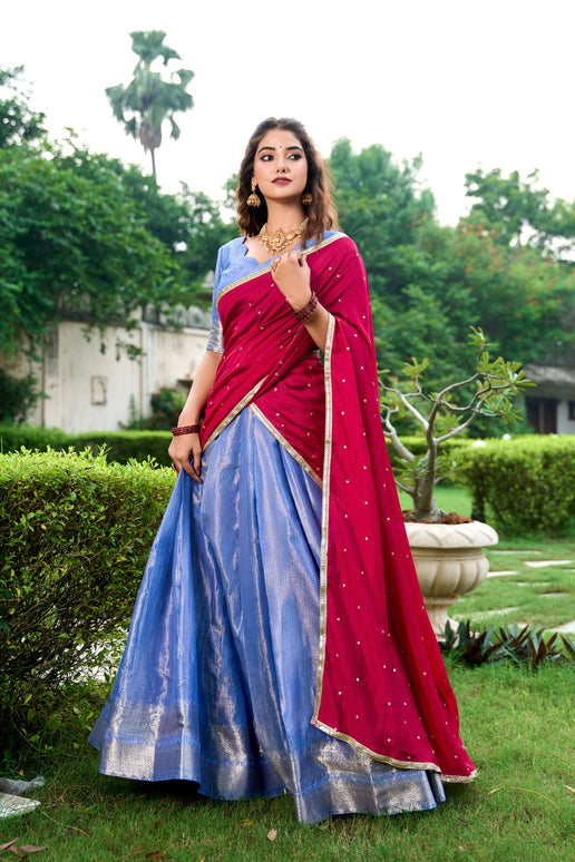 Lorenvalley Royal Blue Kanchipuram Zari Weaving Work Lehenga Choli with Dupatta