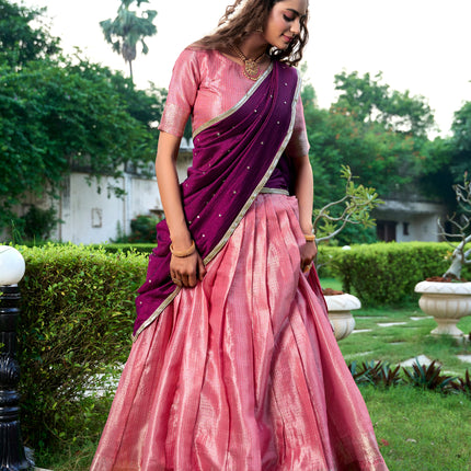 Lorenvalley Pink Kanchipuram Zari Weaving Work Lehenga Choli with Dupatta