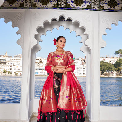 Lorenvalley Black Jacquard Silk Paithani Weaving Zari Work with Lace Touch Up Lehenga Choli with Dupatta