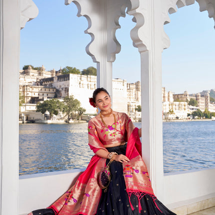 Lorenvalley Black Jacquard Silk Paithani Weaving Zari Work with Lace Touch Up Lehenga Choli with Dupatta