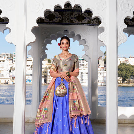 Lorenvalley Blue Jacquard Silk Paithani Weaving Zari Work with Lace Touch Up Lehenga Choli with Dupatta