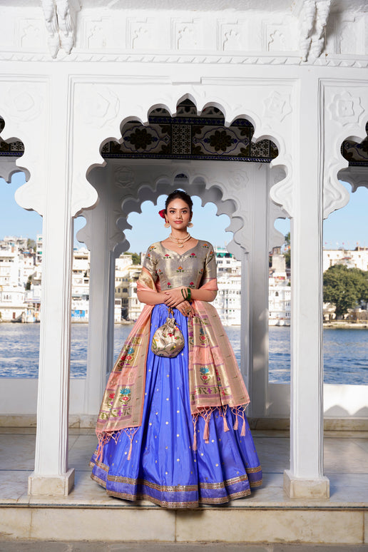 Lorenvalley Blue Jacquard Silk Paithani Weaving Zari Work with Lace Touch Up Lehenga Choli with Dupatta