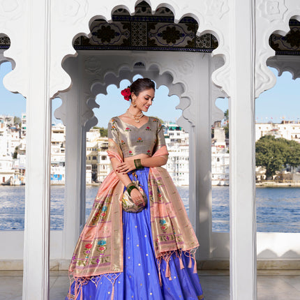 Lorenvalley Blue Jacquard Silk Paithani Weaving Zari Work with Lace Touch Up Lehenga Choli with Dupatta