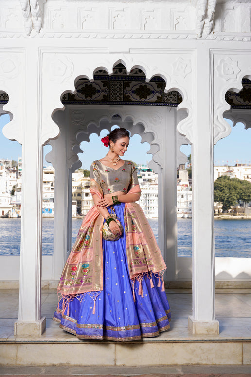 Lorenvalley Blue Jacquard Silk Paithani Weaving Zari Work with Lace Touch Up Lehenga Choli with Dupatta