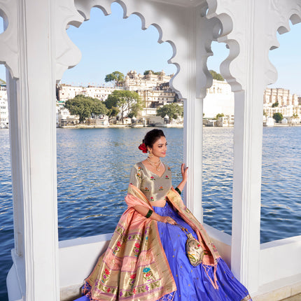 Lorenvalley Blue Jacquard Silk Paithani Weaving Zari Work with Lace Touch Up Lehenga Choli with Dupatta