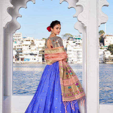 Lorenvalley Blue Jacquard Silk Paithani Weaving Zari Work with Lace Touch Up Lehenga Choli with Dupatta