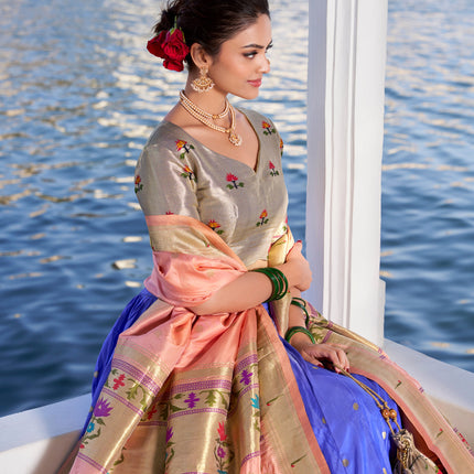 Lorenvalley Blue Jacquard Silk Paithani Weaving Zari Work with Lace Touch Up Lehenga Choli with Dupatta