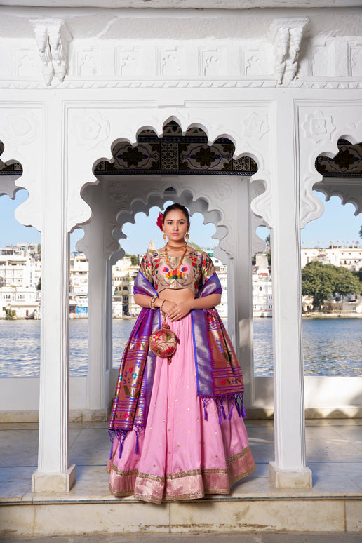 Lorenvalley Pink Jacquard Silk Paithani Weaving Zari Work with Lace Touch Up Lehenga Choli with Dupatta