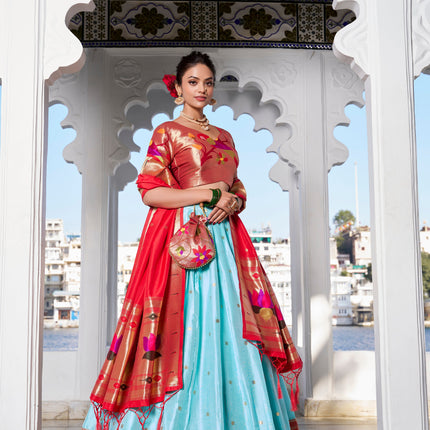 Lorenvalley Sky Blue Jacquard Silk Paithani Weaving Zari Work with Lace Touch Up Lehenga Choli with Dupatta