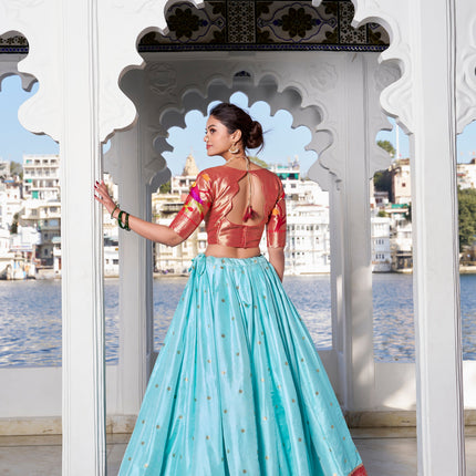 Lorenvalley Sky Blue Jacquard Silk Paithani Weaving Zari Work with Lace Touch Up Lehenga Choli with Dupatta