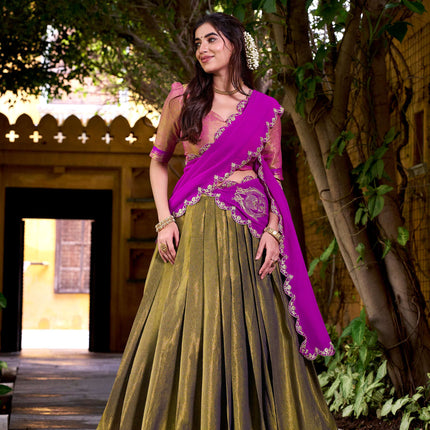 Lorenvalley Fashion Mahendi Kanchipuram Zari Weaving Work Lehenga Choli with Dupatta